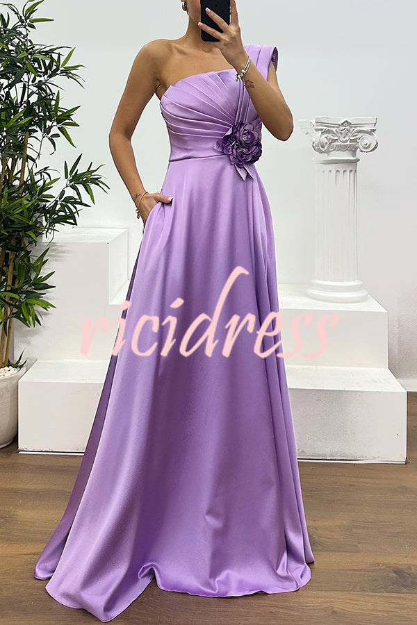 Nasha Satin Pleated One Shoulder Petal Gemstone Detail Pocket Slit Maxi Dress