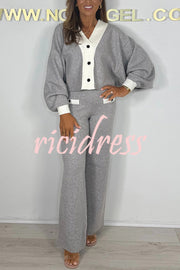 Fashion Contrast Color V-neck Loose Cardigan and Elastic Waist Casual Pants Set