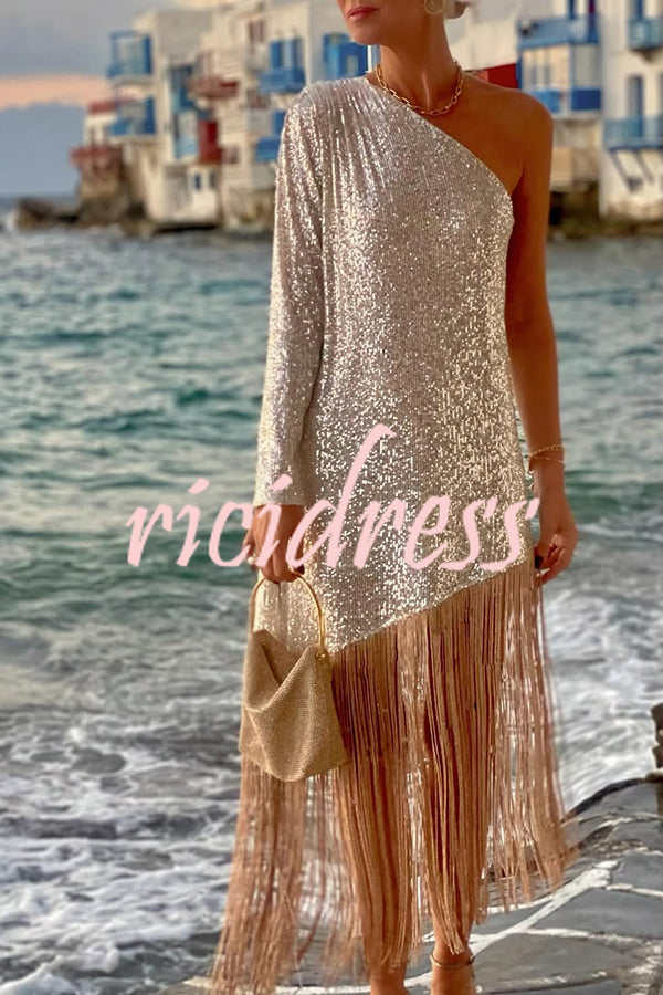 Anika Sequin One Shoulder Sleeve Tassel Hem H-line Midi Dress