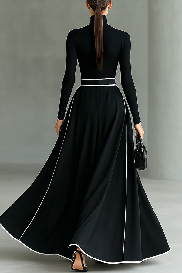 Stylish Color-blocked Trim High-neck Long-sleeved Casual Pockets Maxi Dress