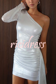 Sexy Asymmetric One-sleeve Pleated Stretch Slim Mini Dress