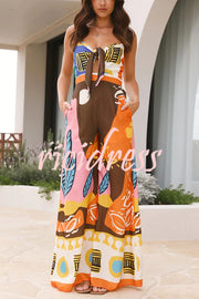 Unique Printed Suspenders Hollow Waist Wide-leg Jumpsuit