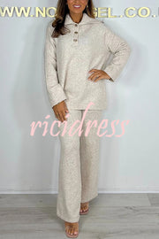 Solid Color Lapel Long-sleeved Loose Top and Elastic Waist Casual Pants Set