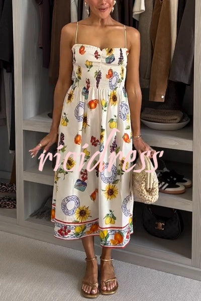 Summer Fruit Print Sling Pleated Vacation Midi Dress