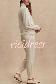 Ivory Marl Fleck Half-Zip Neck Long Sleeve Sweatshirt and Elastic Waist Pocket Jogger Set