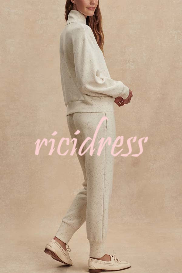 Ivory Marl Fleck Half-Zip Neck Long Sleeve Sweatshirt and Elastic Waist Pocket Jogger Set