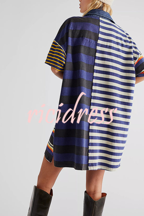 Contrast Striped Patchwork Denim Lapel Loose Casual Mini Dress