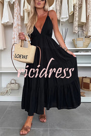Bohemian Style V-neck Backless Slip Layered Vacation Maxi Dress