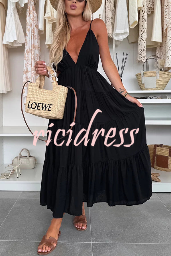 Bohemian Style V-neck Backless Slip Layered Vacation Maxi Dress