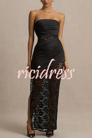 Dulcie Lace and Satin Patchwork Asymmetrical Pleats Bandeau Maxi Dress