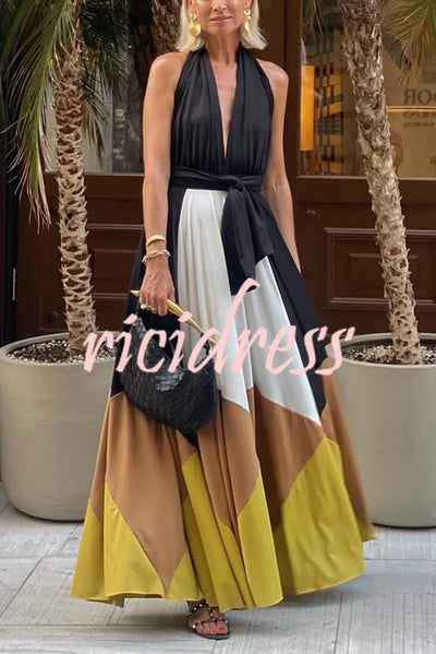 Fashion Colorblock Sexy Backless Tie Waist Full Hem Maxi Dress