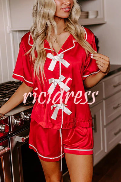 Sweet Dreams Satin Bow Detail Elastic Waist Pajama Shorts Set