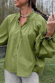 Solid Color V-neck Ruffled Lantern Sleeve Loose Casual Shirt