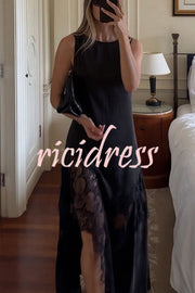 Pretty Soul Satin Lace Trim Wide Neck Irregular Hem Slit Maxi Dress