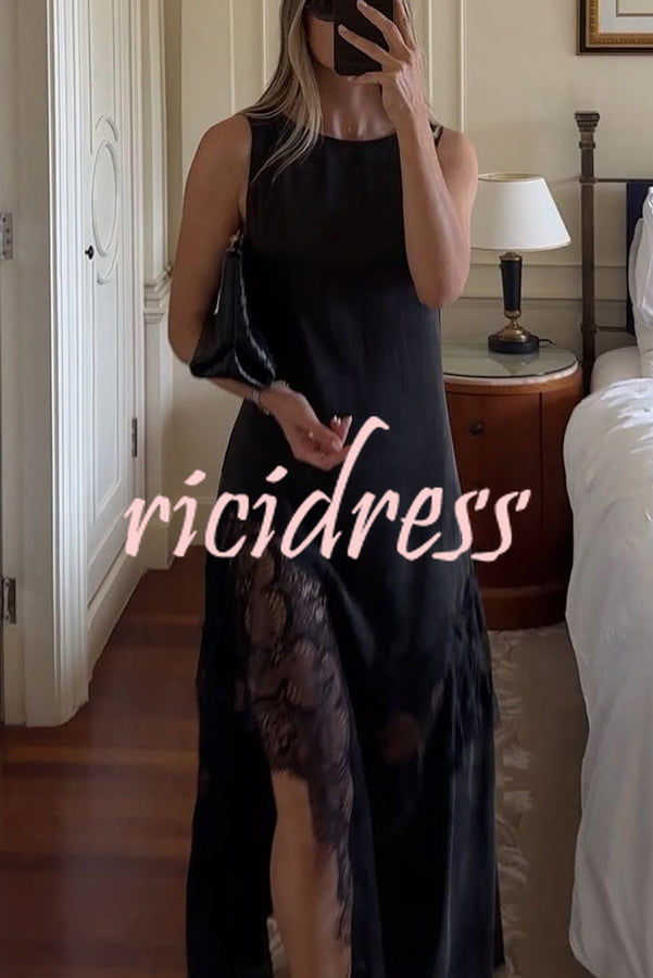 Pretty Soul Satin Lace Trim Wide Neck Irregular Hem Slit Maxi Dress