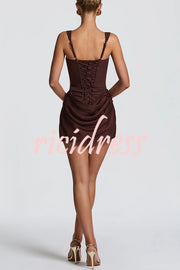 Cornelia Square Neck Back Lace-up Satin Drape Hem Mini Dress