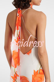 Charming Tulip Print Backless Crisscross Straps Flare Scarf Maxi Dress