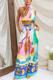 Maison Linen Blend Unique Print High Neck Top and Elastic Tie-up Waist Pocket Wide Leg Pants Set