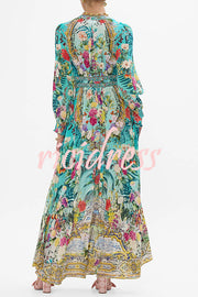 Fairy Tale Print V-Neck Lantern Sleeve Waist Maxi Dress