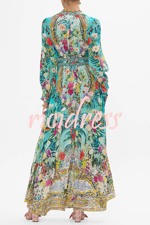Fairy Tale Print V-Neck Lantern Sleeve Waist Maxi Dress