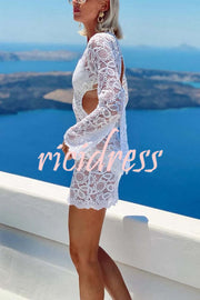 Santorini Sunset Floral Lace Long Sleeve Backless Tie-up Vacation Mini Dress