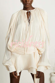 Ninah Glitter Fabric Pleated Balloon Sleeve Tiered Ruffle Hem Mini Dress