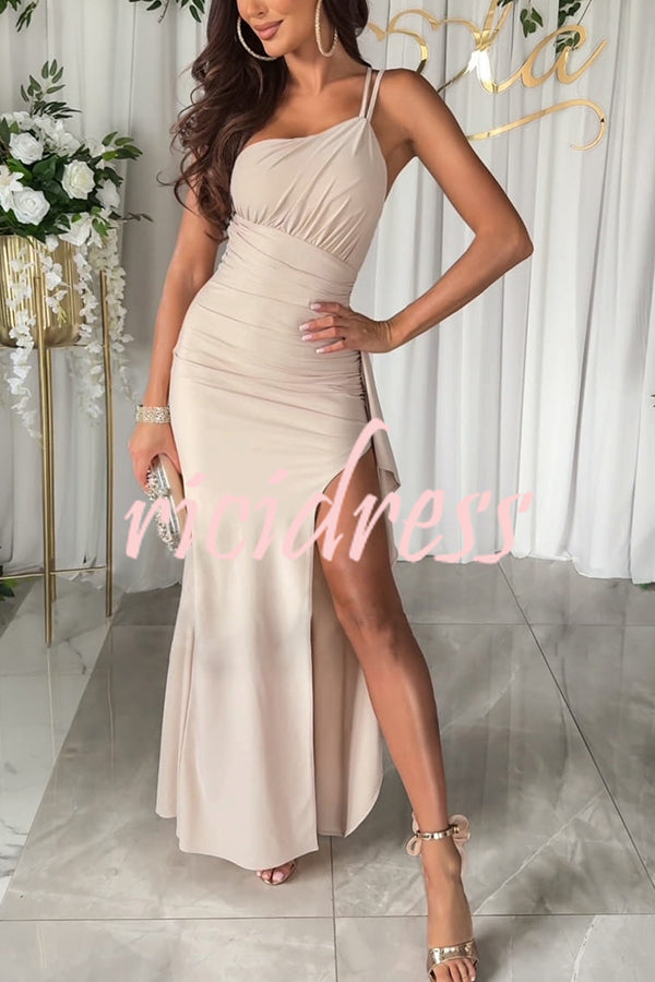 Party Love One Shoulder Ruched Waist Ruffle Slit Maxi Dress