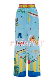 Vacation Flights Satin Unique Print Elastic Waist Pocketed Wide Leg Pants