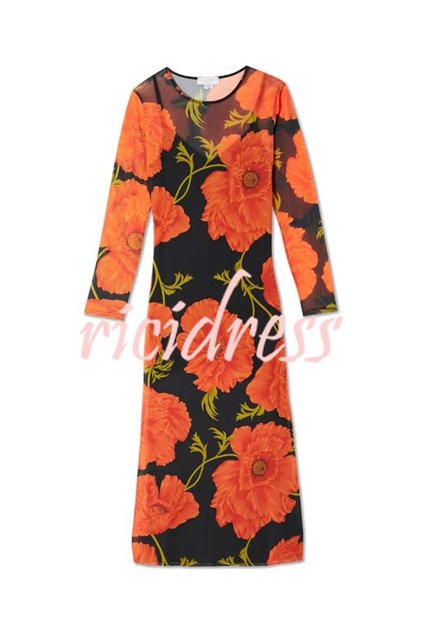 Perfect Cross-season Mesh Poppy Flower Print Long Sleeve Stretch Maxi Dress