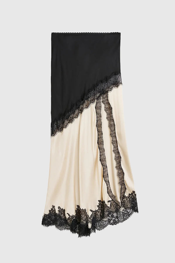Party Focus Contrast Color Satin Lace Trim Elastic Waist Front Slit Maxi Skirt