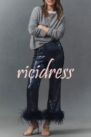 New Year Eve Sequin Feather Trim High Rise Back Zipper Flare Pants