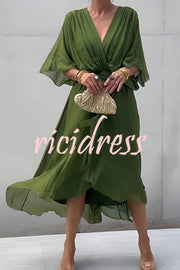 Solid Color V-neck Bat Sleeve Lace-up Irregular Hem Midi Dress