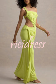 Sexy One-shoulder Backless Ribbon Pleated Slim Maxi Dress