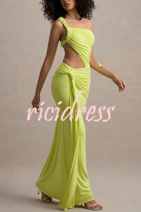 Sexy One-shoulder Backless Ribbon Pleated Slim Maxi Dress