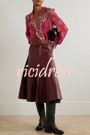 Unique Printed Chiffon Long-sleeved Loose Shirt and Elegant Ruffled Maxi Skirt Set