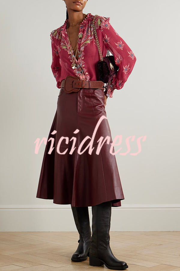 Unique Printed Chiffon Long-sleeved Loose Shirt and Elegant Ruffled Maxi Skirt Set