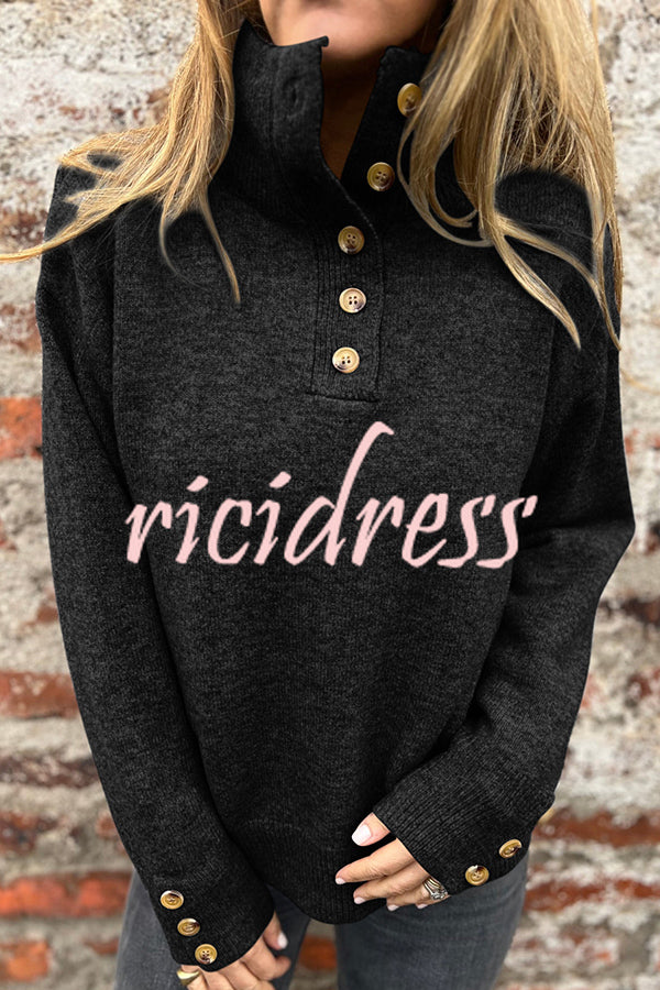Solid Color High Collar Button Loose Long Sleeve Knitted Sweater