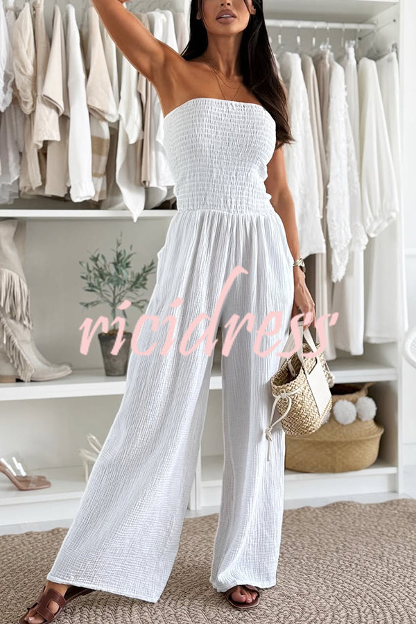 Linen Blend Solid Color Off-the-shoulder Pleated Casual Pocket Wide-leg Jumpsuit