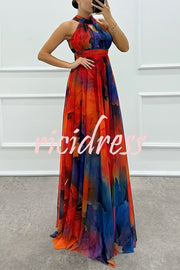 Elaine Tulle Floral Splash Print Cutout Halter Tie-up Neck Gown Maxi Dress