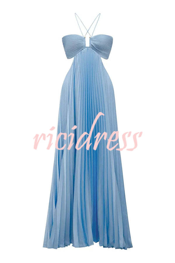 Caught Your Eye Satin Pleated Cross Straps Cutout Flowing Maxi Dress