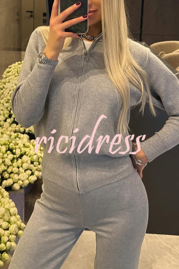 Cozycore Knit Zipper Long Sleeve Cardigan and Stretch Wide Leg Pants Set
