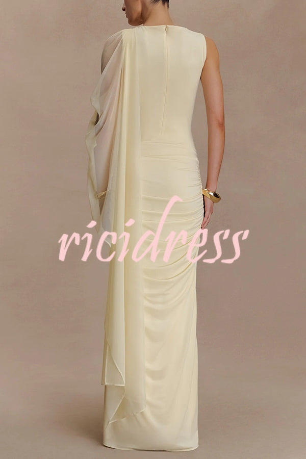 Fashionable Mesh Shawl Sleeveless Slim Fit Pleated Maxi Dress