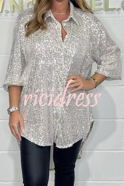 Party Season Solid Color Sequin Button Long Sleeve High Low Shirt