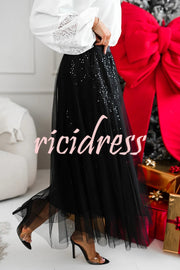 Party Daydream Sequin Tulle High Rise Elastic Waist Maxi Skirt