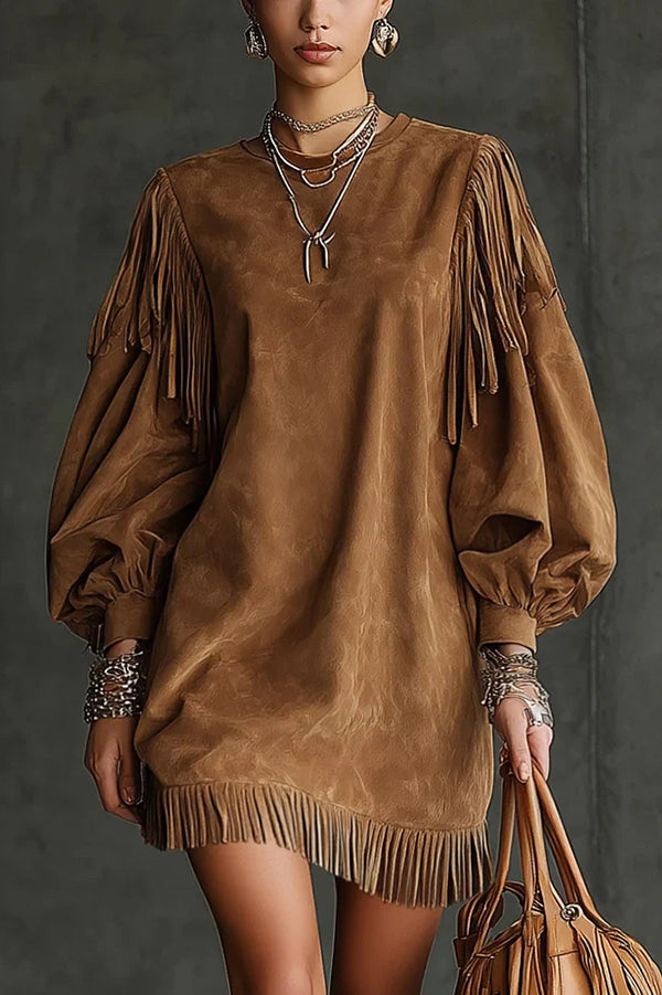 Solid Color Suede Loose Round Neck Lantern Sleeve Tassel Mini Dress
