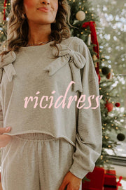 Dear Daydream Loose Bow Tie Long-Sleeved Sweatshirt and Elastic Waist Pocket Pants Set