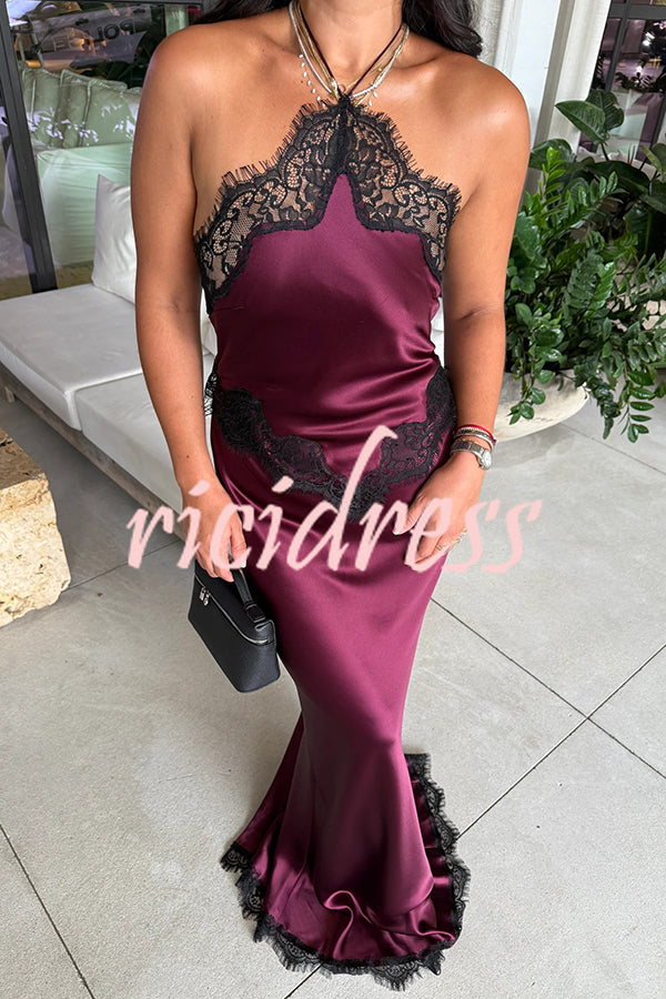Everly Contrast Color Satin Lace Trim Halter Back Lace-up Flare Maxi Dress