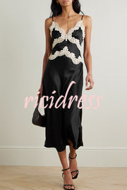 Dreaming of You Contrast Color Satin Lace Trim Back Tie-up Slip Midi Dress