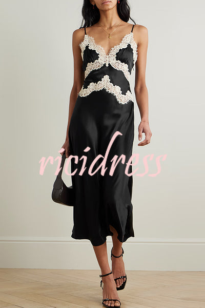 Dreaming of You Contrast Color Satin Lace Trim Back Tie-up Slip Midi Dress