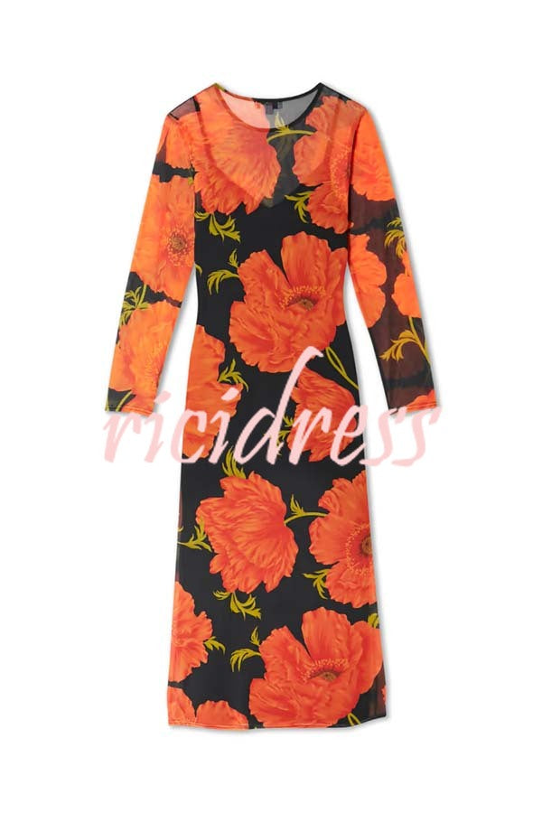 Perfect Cross-season Mesh Poppy Flower Print Long Sleeve Stretch Maxi Dress
